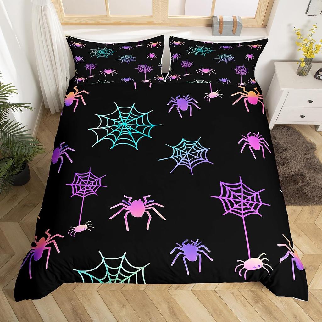 Cartoon Purple Bat Gothic Duvet Cover Halloween Bats Bedding Set Star Quilt Cover Spooky Dark Shadows Silhouette Halloween Decor