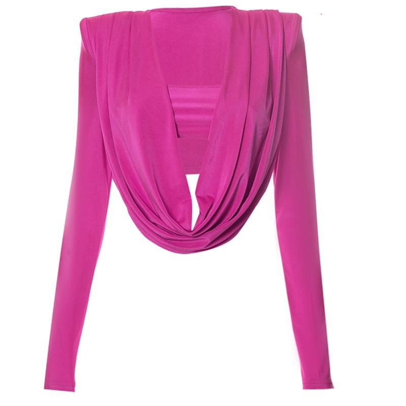 New Fashion Long Sleeve Padded Shoulder Casual Shirts Women Swinging Collar Slim Fit Blouses Women Street Chest Wrapped Solid Ladies Shirt Tops 25833