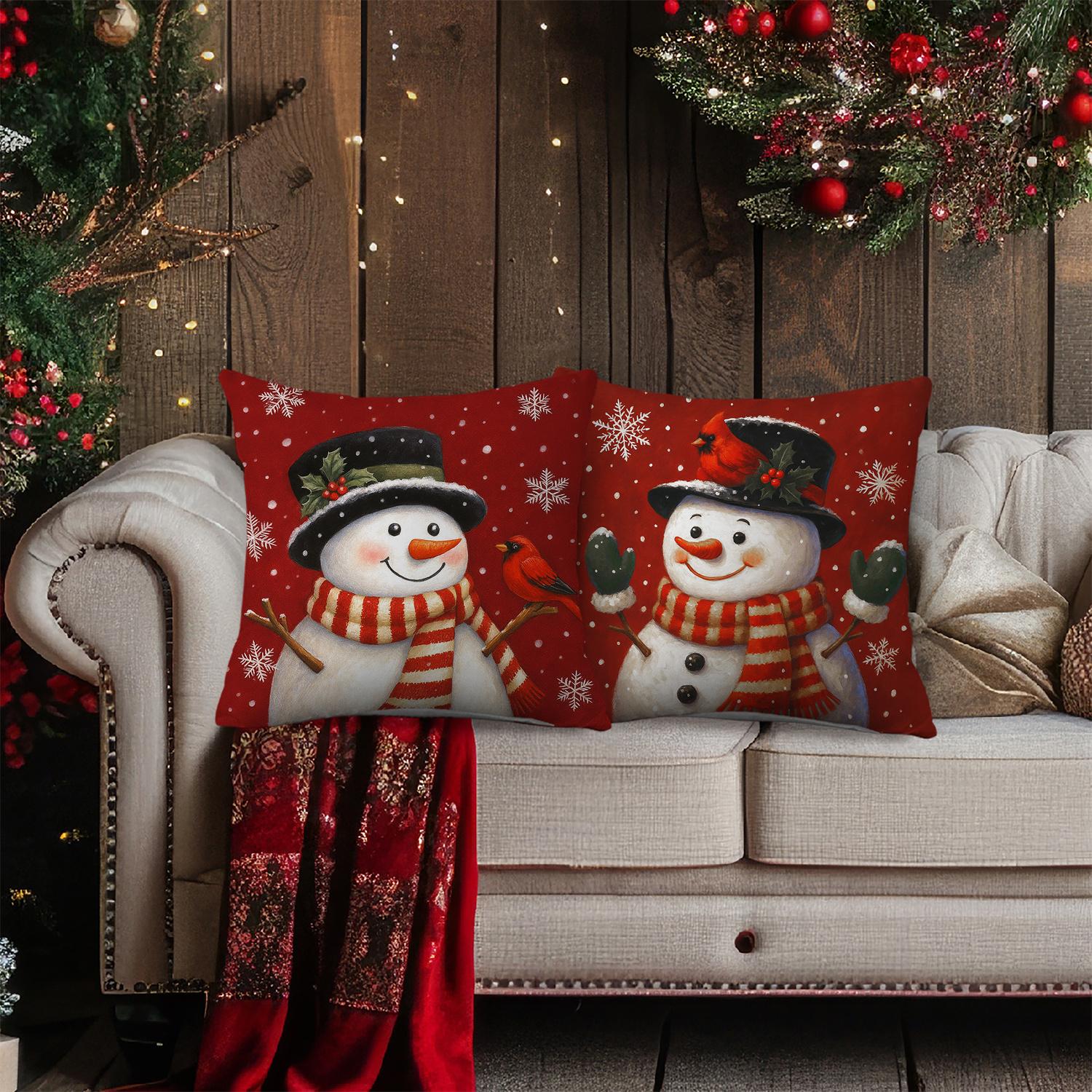 2pcs Black Hat Snowman Scarf Christmas Throw Pillow Covers Snowflakes Cardinal Cushion Case Winter Home Party Decorations 2PCS