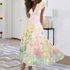 Women's Long Casual Dress Summer Short-Sleeve V-Neck Waist Retraction Printed Dress