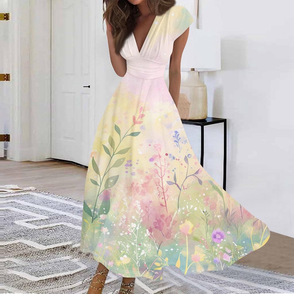 Women's Long Casual Dress Summer Short-Sleeve V-Neck Waist Retraction Printed Dress