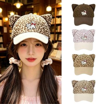 Cute Adjustable Baseball Cap Cat Ear Leopard Print Duckbill Hat Cartoon Embroidery Sun Protection Hat Summer