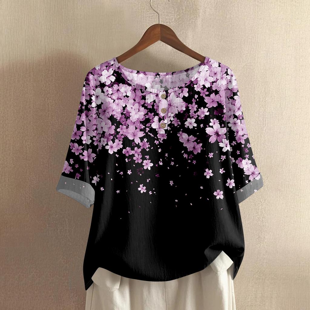 Dámská módní a ležérní košile s polovičním rukávem, kulatým výstřihem a potiskem