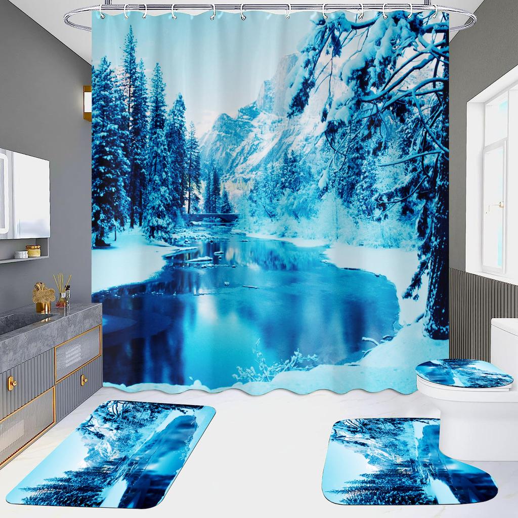 High Definition Digital Printing Shower Curtain Four-Piece Set Of Non-Punching Bathroom Bathroom Bathroom Partition Curtain Landscape