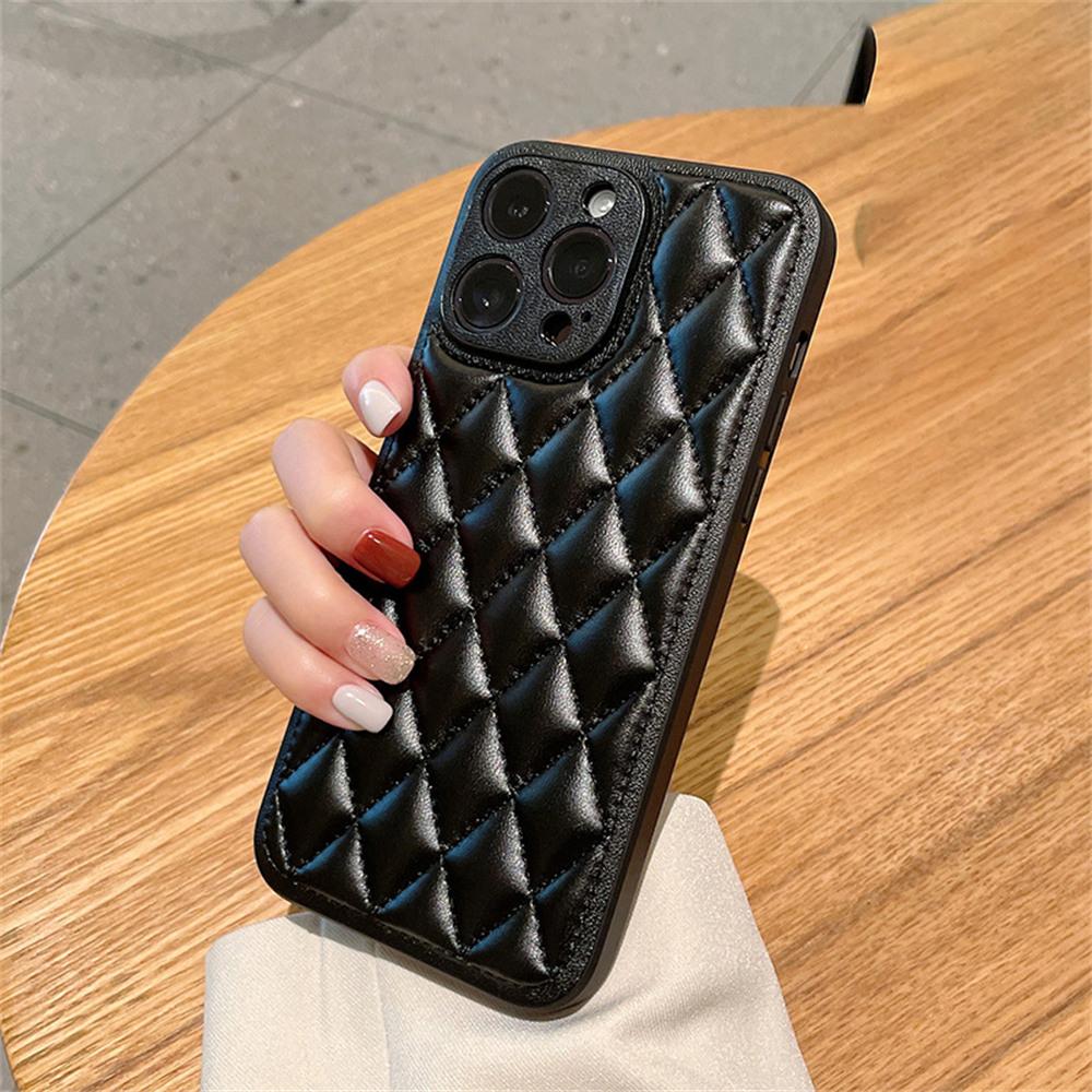 For iPhone 15 Pro Max Case Rhombus Stitching PU Leather+TPU Shockproof Phone Cover