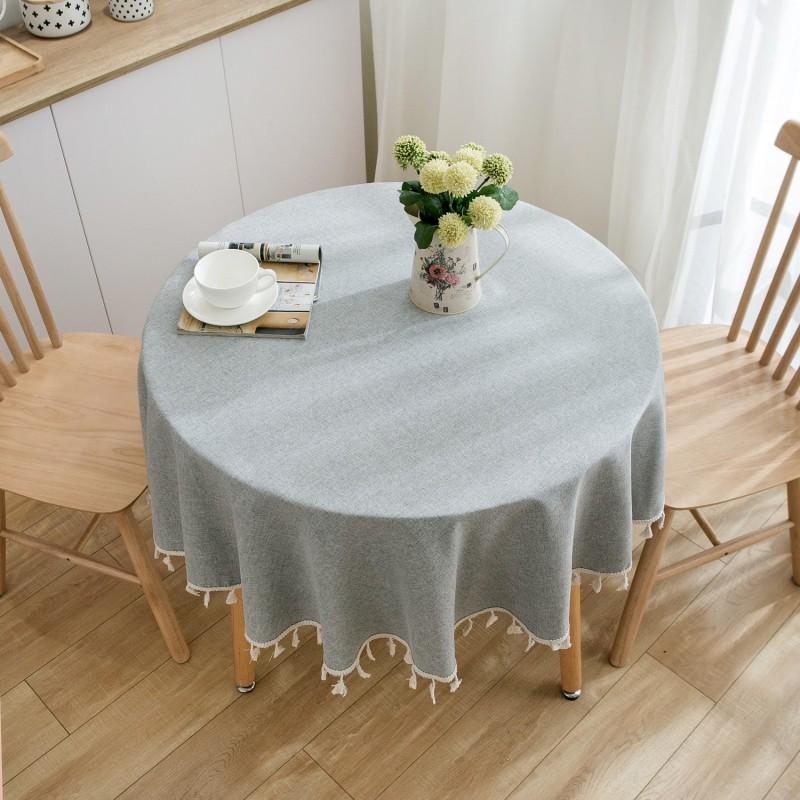 Cotton Round Tablecloth Gray With Beige Trim Modern Minimalist Dining Table Cover Cafe Home Decor