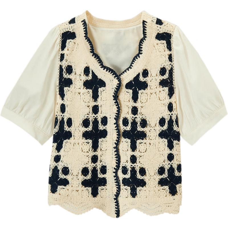Aijutu Women s Ethnic Crochet V-neck Short Sleeve Shirt M