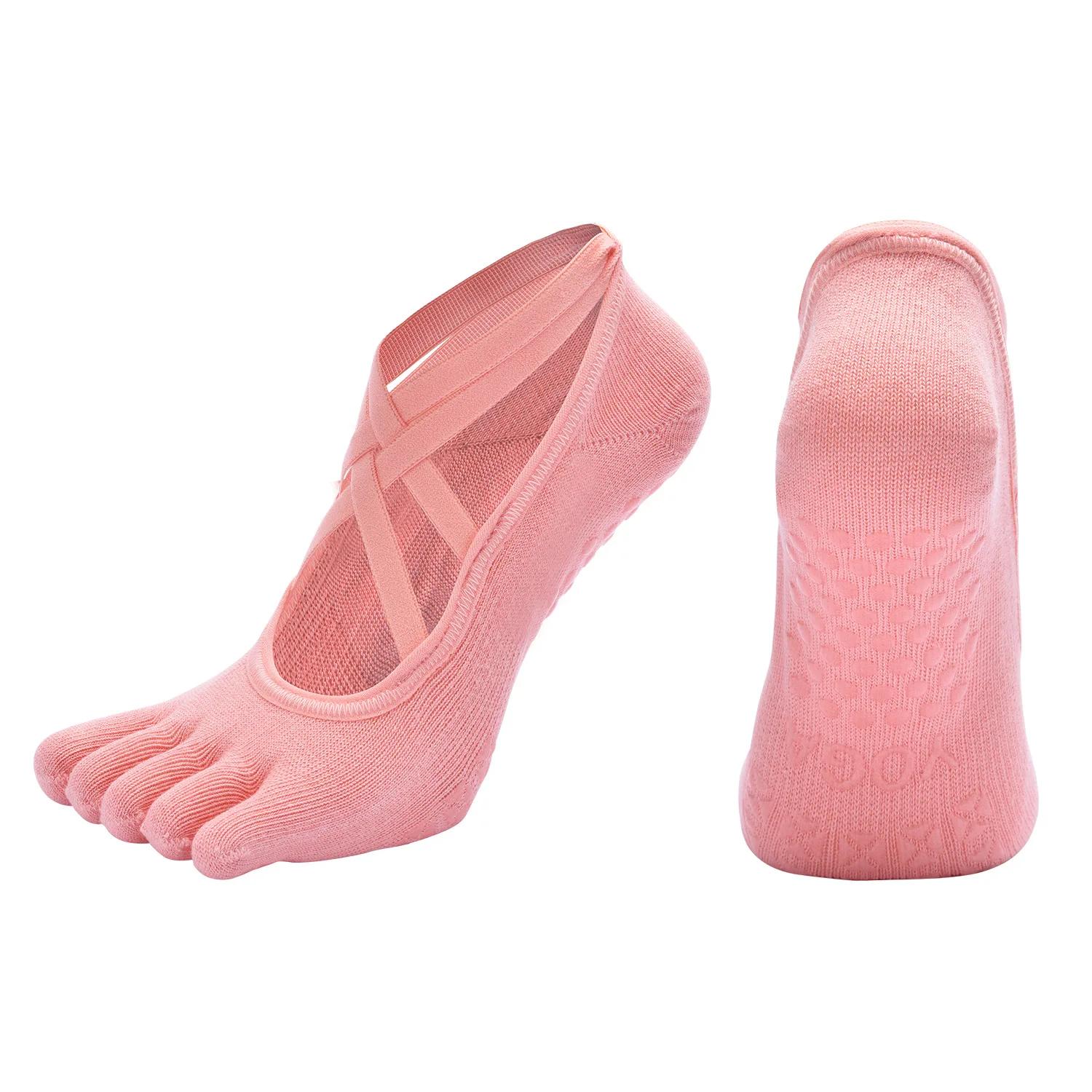 

Двойные перекрещенные ремни, носки для йоги с пятью пальцами, женские носки для балета, танцев, аэробики, прыжков на батуте, пилатеса, носки для фитнеса в помещении, спортивные носки