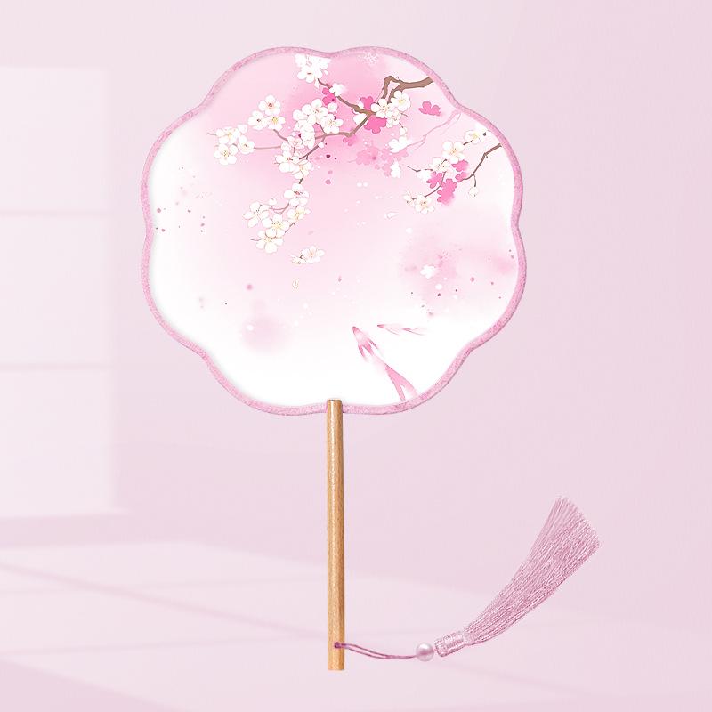 Girls' Summer Hanfu Dance Fan: Long Handle, Double-Sided Embroidered Round Fan for Traditional Costume