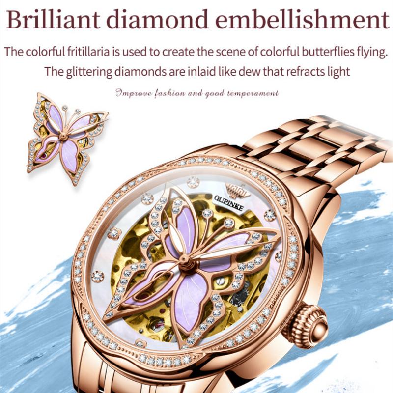 OUPINKE New Business and Leisure Ladies Watch Elegant Light Luxury Waterproof Luminous Diamond Inlaid Mechanical Watch High-end Watch