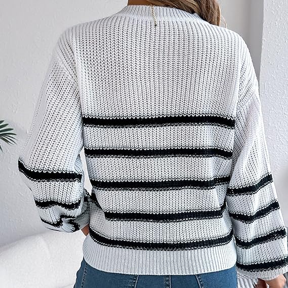 Damski sweter dzianinowy z okrągłym dekoltem i długim rękawem, pulower, luźna dzianina w paski, topy