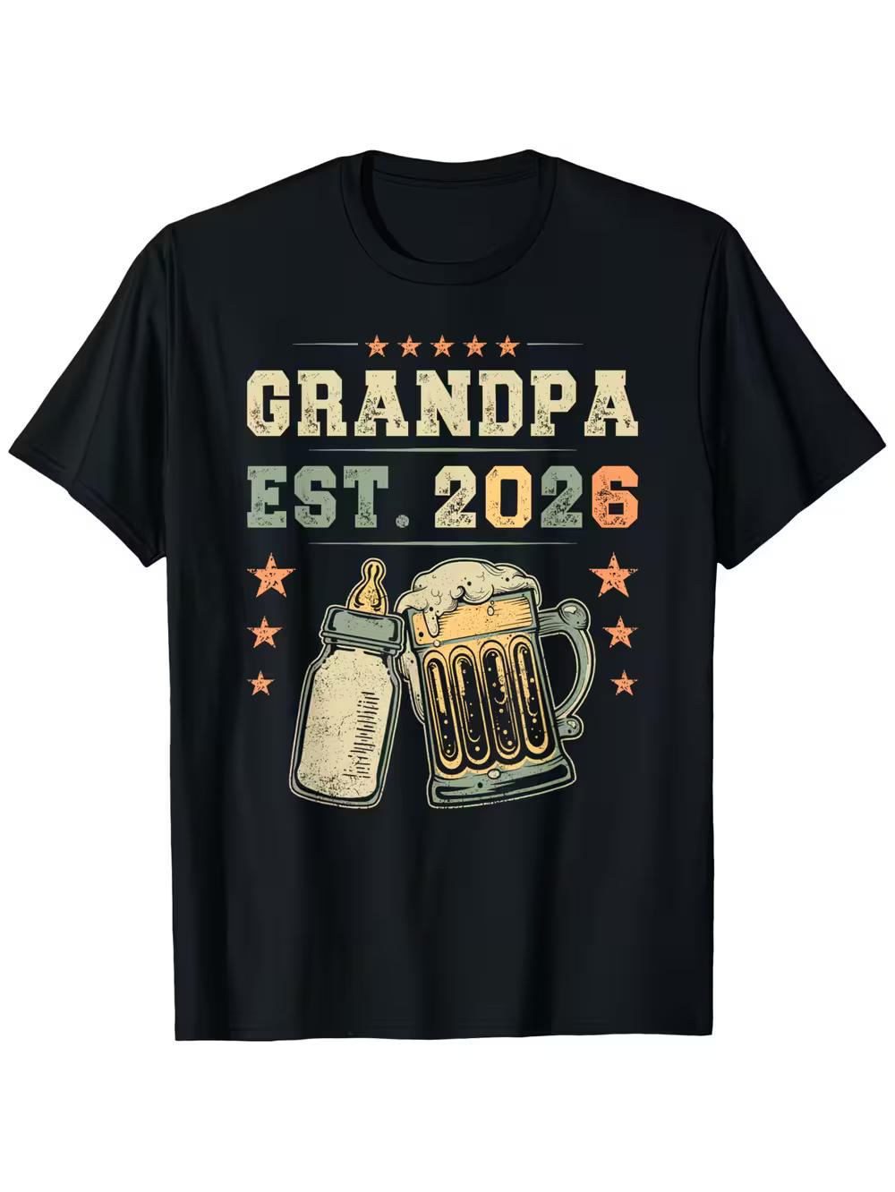 Grandfather Established 2026 First-Time Grandpa T-Shirt - Humorous Gift for New Grandpas Featuring Beer Mug & Grandchild Graphic XXXXL
