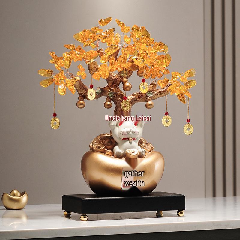 Fortune Cat Money Tree Figurine - Office, Shop, Reception & Housewarming Decoration