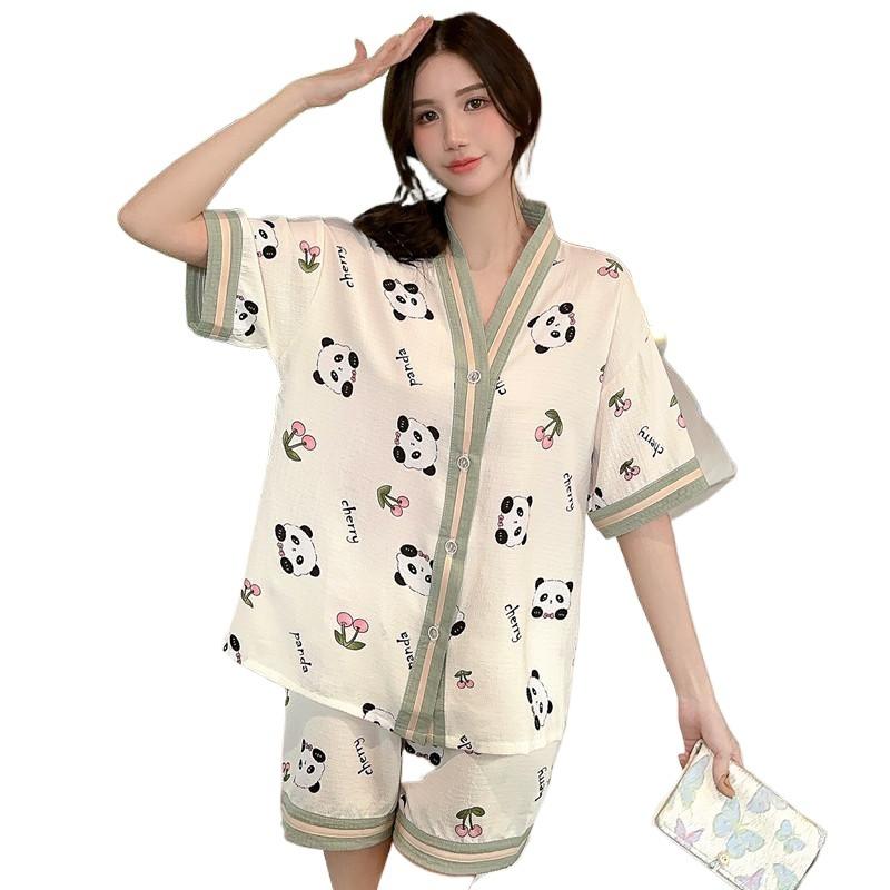 Panda Cartoon Sweet Short-sleeved Shorts Bubble Cotton Crepe Summer Thin Pajamas Girl Print Loungewear Set