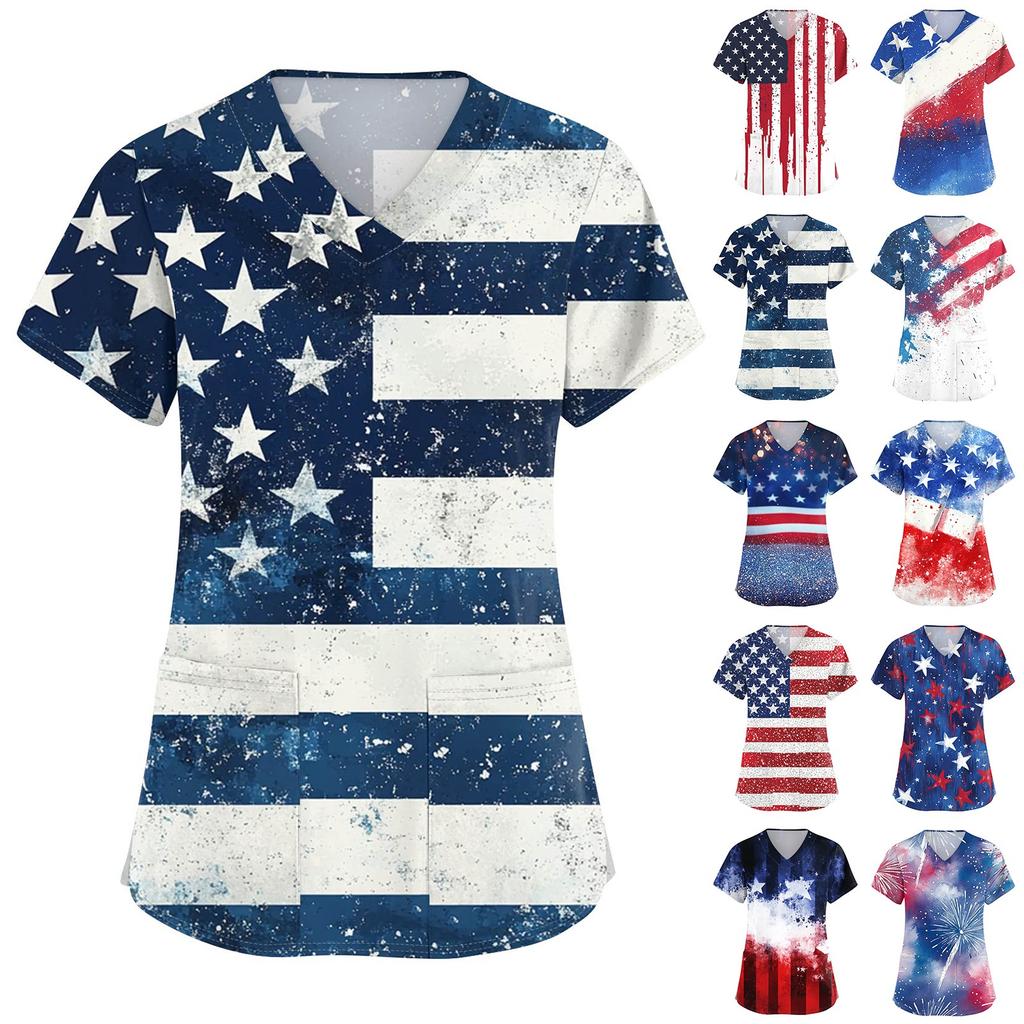 Women's Short Sleeve Independence Day Printed V-Neck Pocket Workwear Top