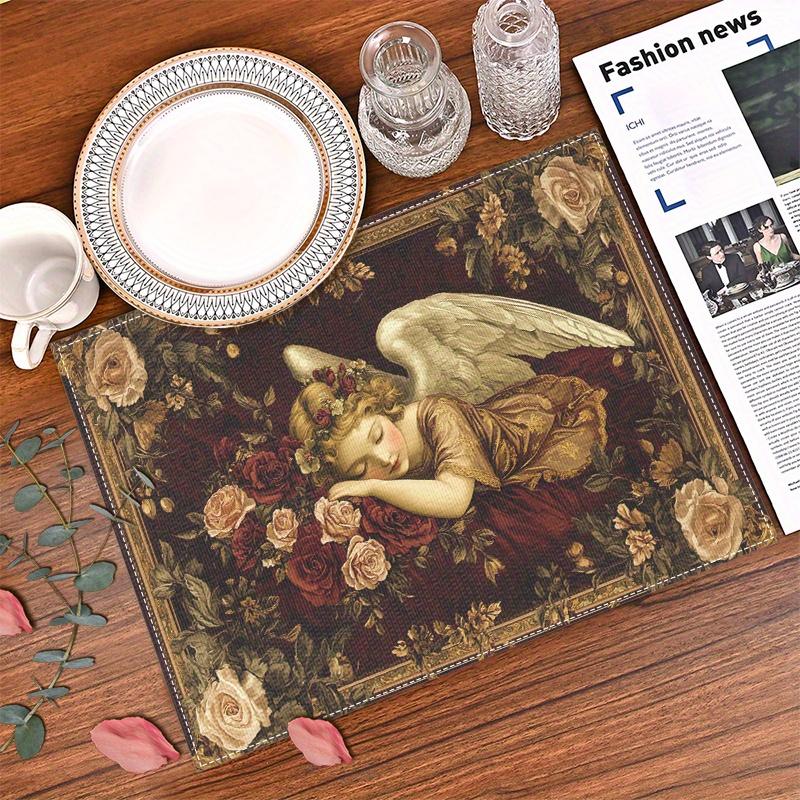 4pcs Vintage Baroque Style Tapestry Design with Angel Surrounding Printed Placemats, Washable Dining Table Mats, Perfect for Holiday Party Kitchen and