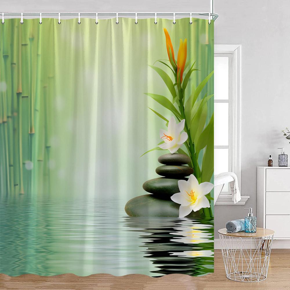 Zen Shower Curtains Green Bamboo Lotus Black Stones Buddha Meditation Bathroom Decorations Polyester Bath Curtain with Hooks