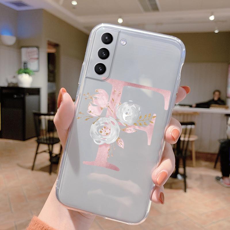 Initial Letter Cover For Samsung Galaxy S23 S24 S25 Plus Ultra Case Transparent Soft Silicone Flowers Capa For Samsung S23+ Bag