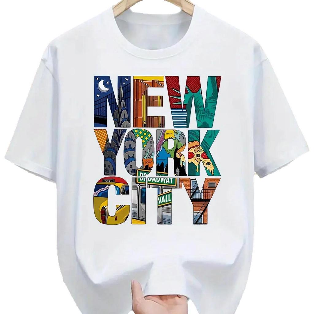 2025 Herr Ren Bomull NYC-tryck Casual Lös Passform Rund Hals Kortärmad T-shirt