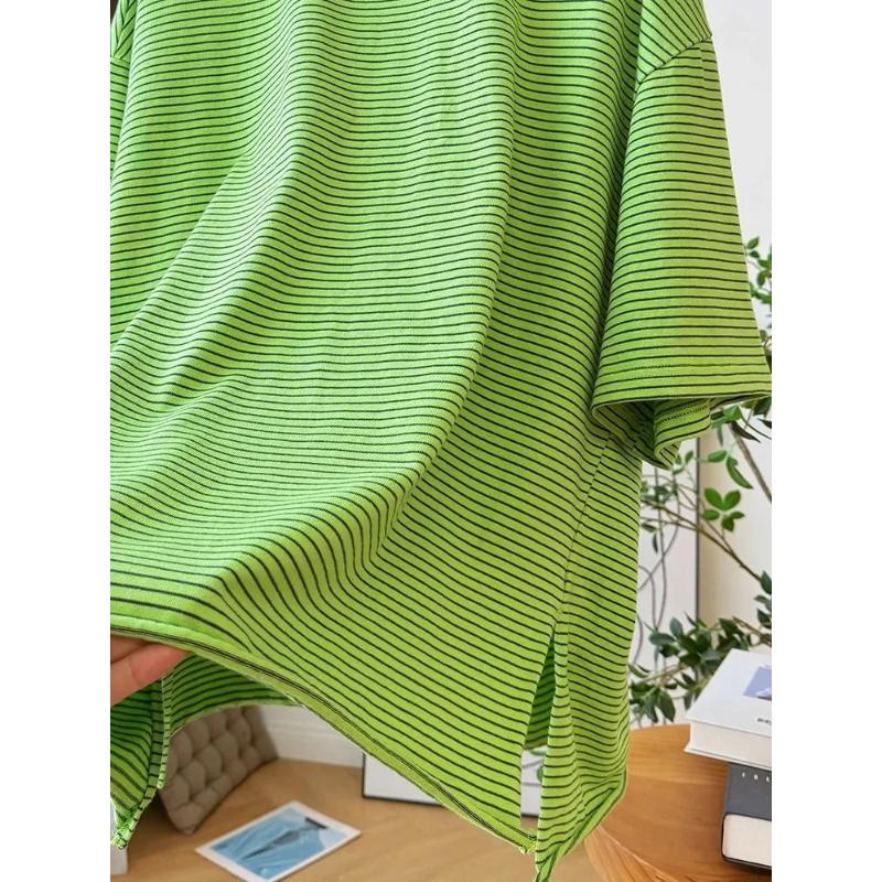 Unisex Green Striped Oversized T-Shirt Short Sleeve Fit Casual Fashion Loose Top