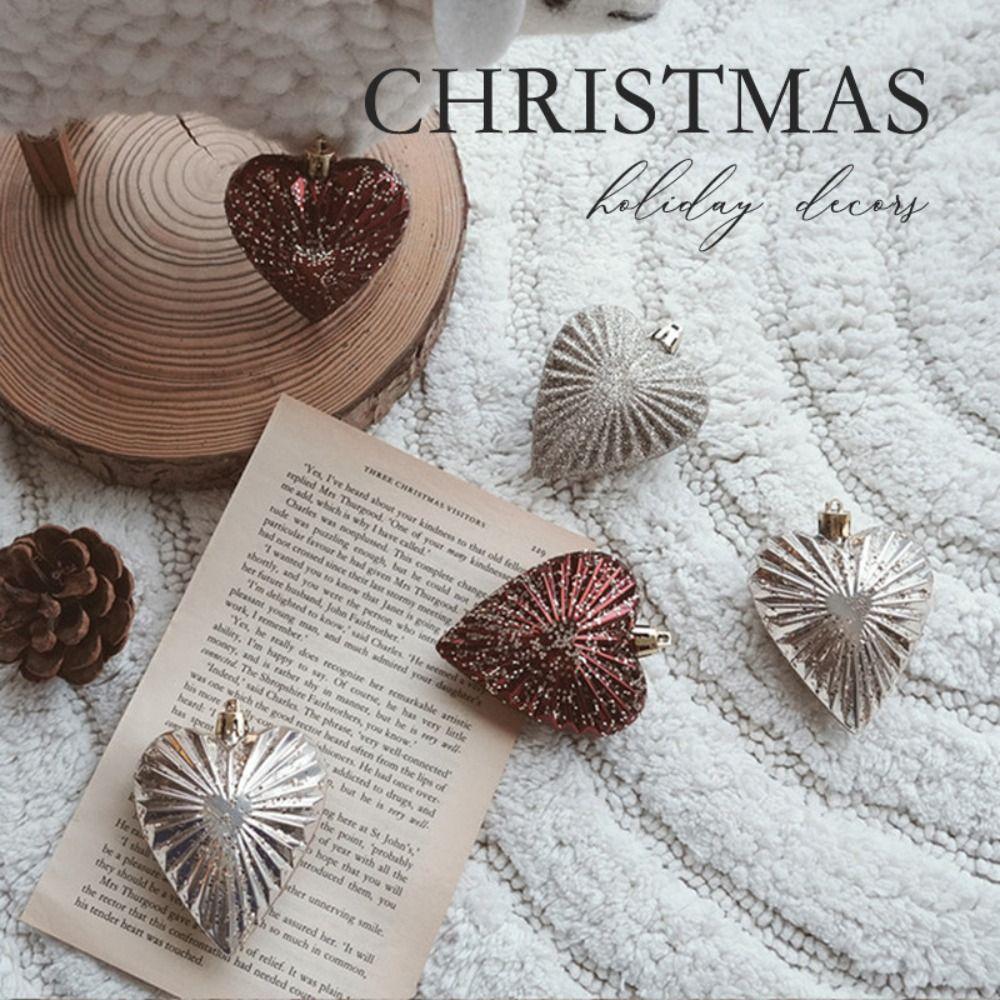 6pcs Romantic Christmas Painted Ball Set Shatterproof Heart Shaped Hanging Balls  Home Decor
