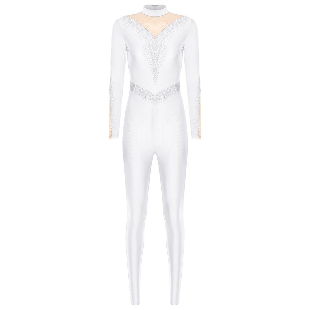 Womens Sparkle Rhinestone Dance Gymnastics Leotard Mock Neck Long Sleeve Long Pants Jumpsuit