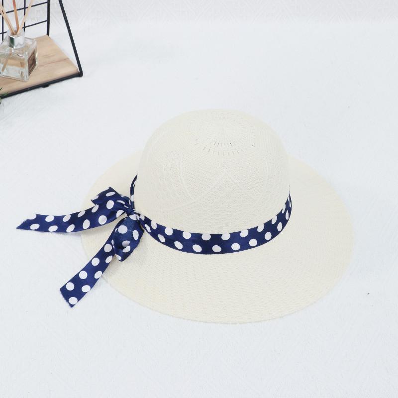 Fashion Dot Ribbon Bowknot Straw Hat for Women Summer Travel Beach Mesh Breathable Large Brim Sunshade Cap Girls Fisherman Hat
