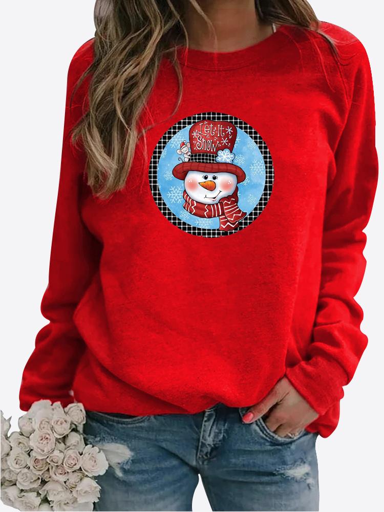 Blusa feminina de outono e inverno com decote redondo, moda casual, cor sólida, manga comprida, estampa de boneco de neve, camiseta solta, tops