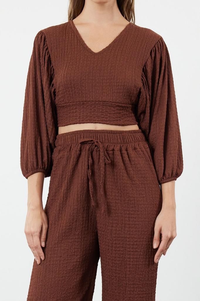 Women's Style Bottom-Top Set Clothes Dark Brown Textured Fabric Relaxed Comfortable Cut Flexible Knitted Bottom-Top Set