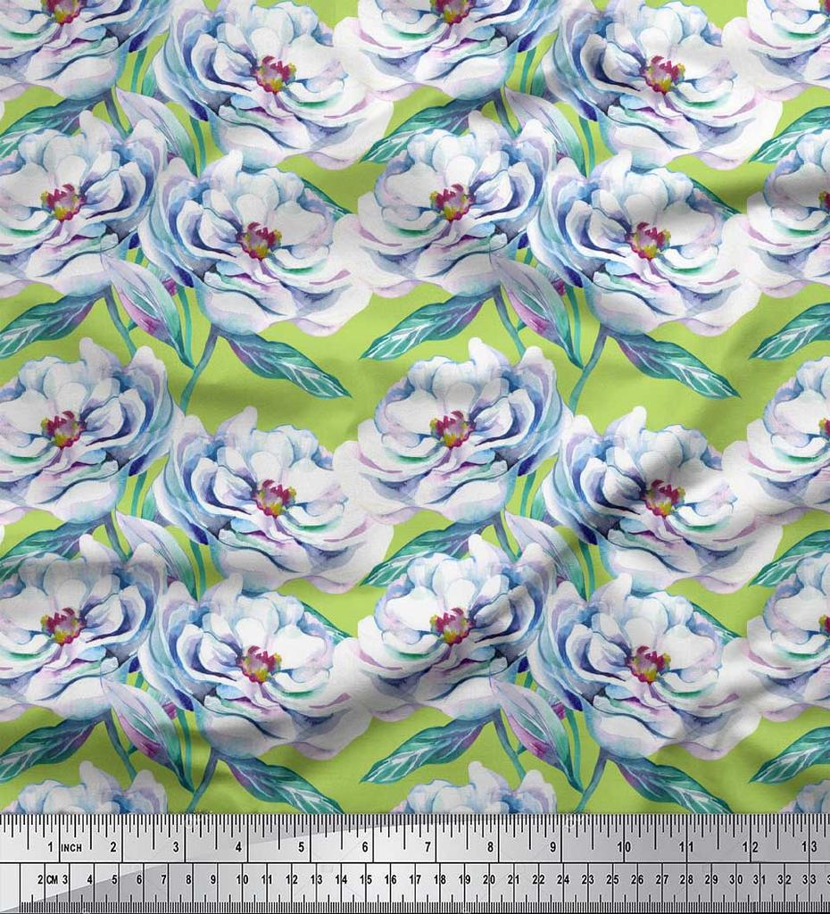Soimoi Green Japan Crepe Satin Fabric Leaves & Blooming Camellias Floral Print Sewing Fabric Metre 42 Inch