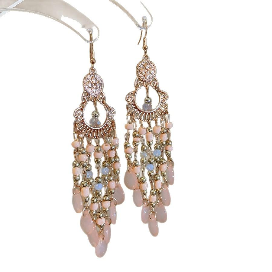 Bohemian water droplets crystal rice beads fringed ear hooks retro ethnic style earrings fashion vacation style earrings