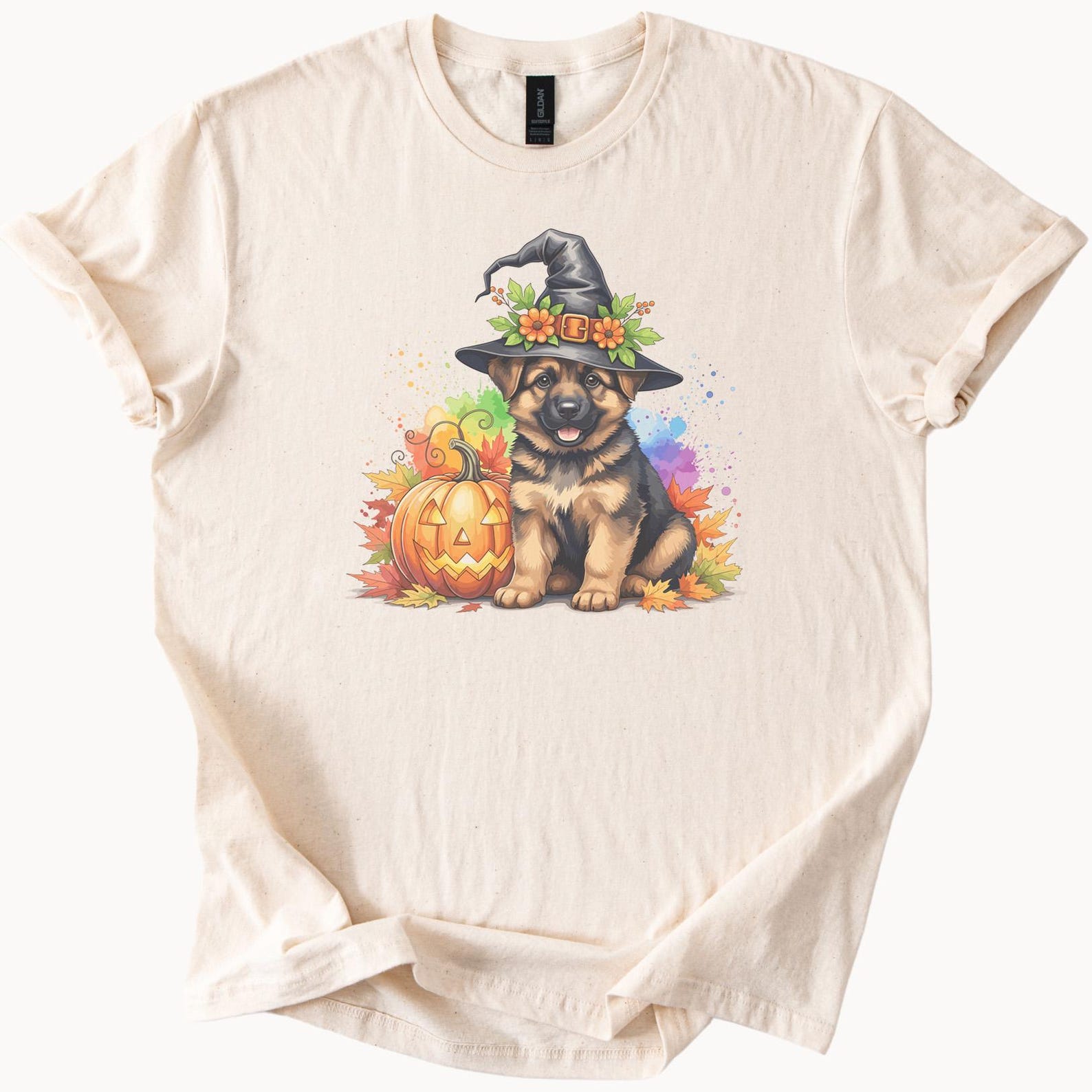 Halloween German Shepherd Puppy Witch Hat Pumpkin Fall Leaves Cute Dog Graphic Tee Shirt Autumn Dog Lover Gift 150