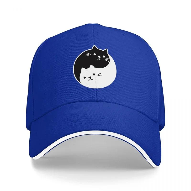 Yin Yang Cat Design Baseball Cap Black and White Feline Pattern Adjustable Hat for Casual Wear and Fashion StateUnisexts