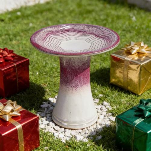 Handmade Ceramic Bird Bath (diameter 43 Cm, Height 45 Cm), White-Red-Pink Gradient Glaze with Wave Pattern, for Garden, Patio and Balcony