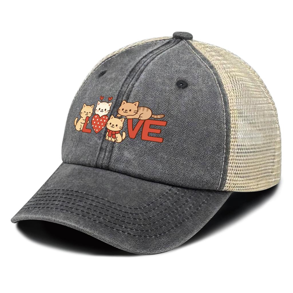 LOVE Heart Cat Printed Sun Hat Adjustable Vintage Simple Snapback Baseball Cap Flat Brim For Women Unisex Outdoor Camping Golf