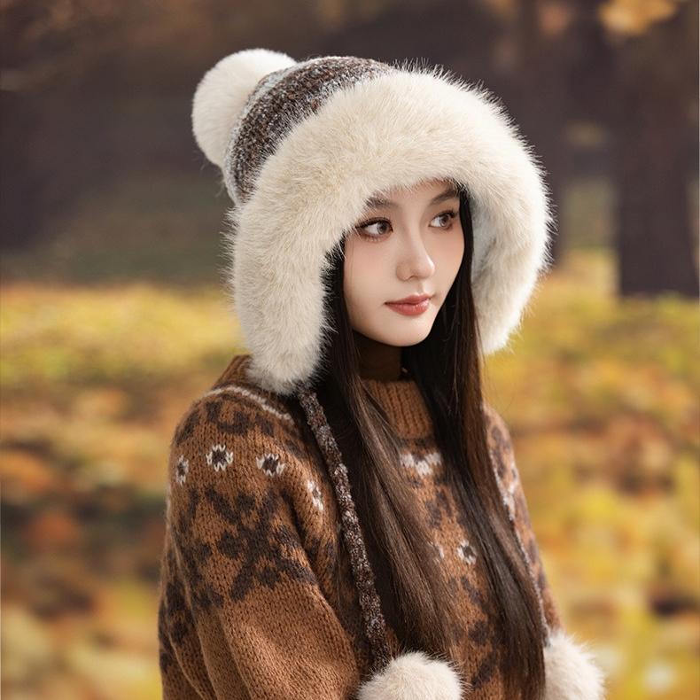 Winter Hat Women's Retro Knitted Hat Fleece Thickened Ear Protection Cold Wool Hat Cute Hairball with Hat