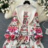 Spring Women Vintage Print Single Breasted Long Maxi Holiday Beach Dresses with Belt