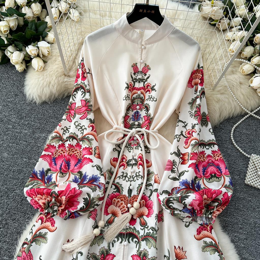 Spring Women Vintage Print Single Breasted Long Maxi Holiday Beach Dresses with Belt