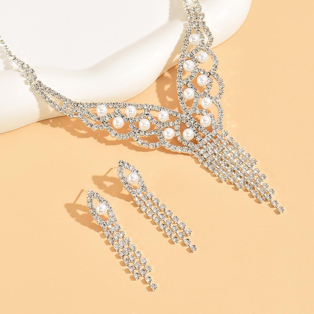 3pcs Women's Jewelry Set Rhinestone Tassel Necklace Earrings Bridal Wedding Accessories