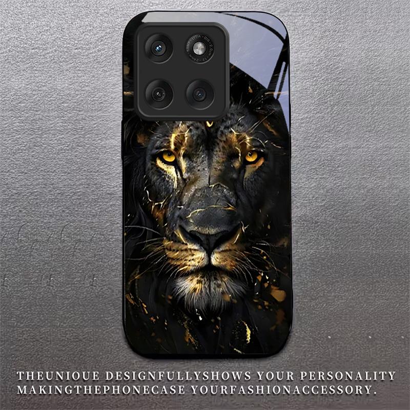 Lion With Golden Black Glass Phone Case For Motorola Moto Edge 70 60 Fusion 50 Ultra 40 Neo 30 Pro 20Lite 60s 50Neo Black Cover