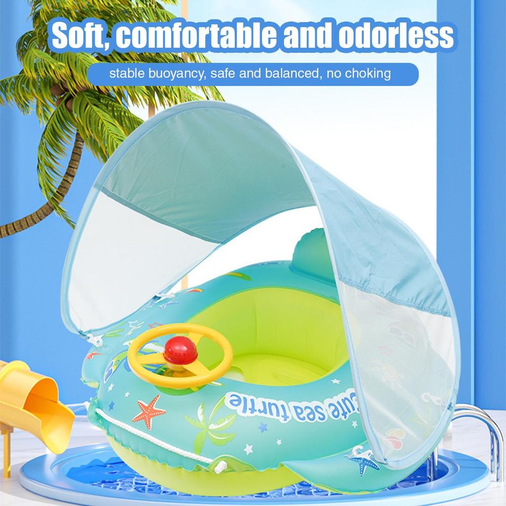 Boia de Natação para Bebê com Dossel Anel Flutuador Inflável para Bebê Acessórios para Piscina Brinquedos de Banho de Verão com volante