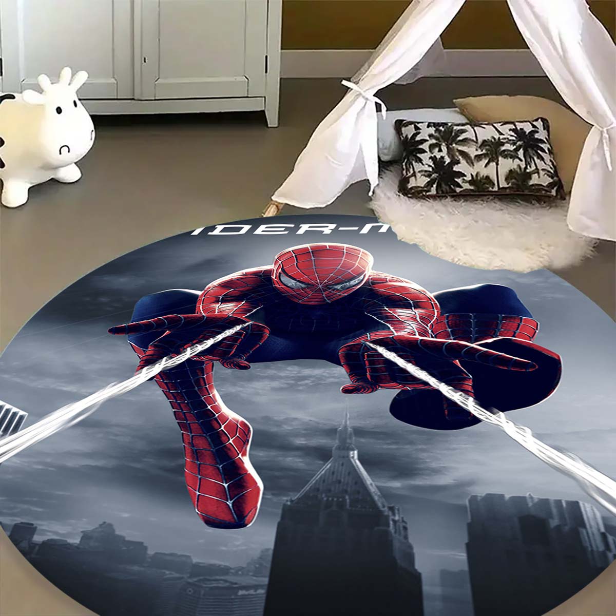 

Cool Spider-Man cartoon print round carpet, bedroom, living room and office rotating chair carpet, home decoration 80x80cm