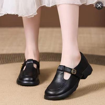 2025 Women's Genuine Leather Flat Heel Round Toe Versatile Low-Cut Shoes - Soft Sole, Stylish and Comfortable for Middle-Aged Women