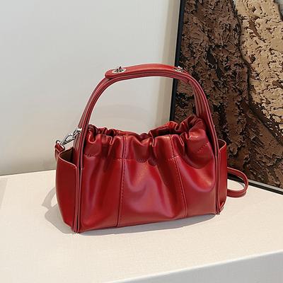 Retro Fashion Pleated Bucket Bag Korean Women's Versatile One Shoulder Crossbody Bags Temperament Red Wedding Handbags