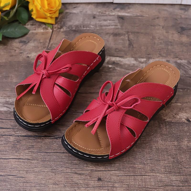 European and American Foreign Trade Hollow Bow Thick-soled Slippers Women's Sewing Line Open-toed Slope Heel Beach Cool Slippers Wish Source