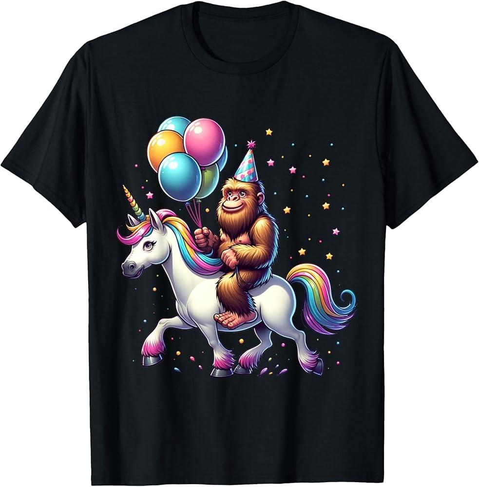 Bigfoot Sasquatch Riding Unicorn. Funny Bigfoot Birthday TShirt Unisex T-Shirt S