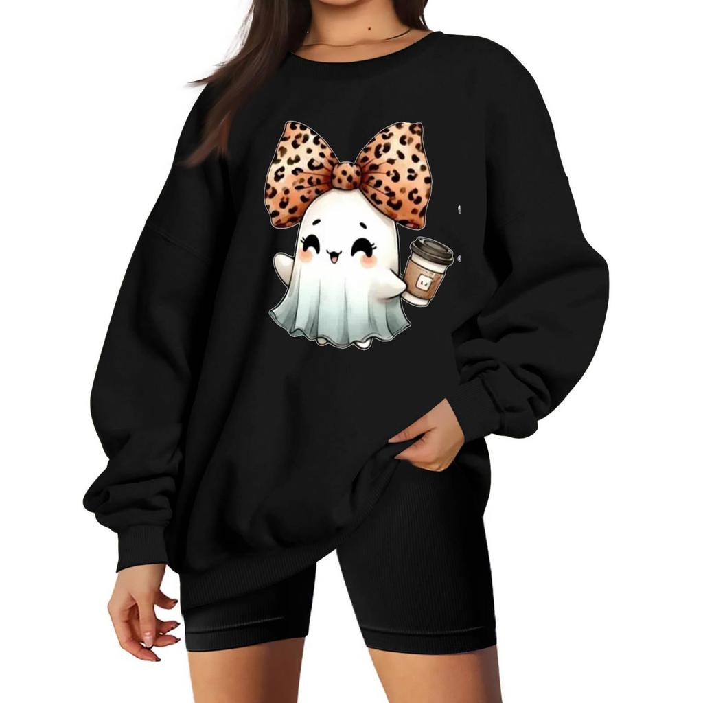 Women's Neck Long Sleeve Sweatshirt Casual Loose Fit Color Pullover with Halloween Print