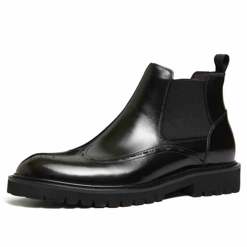 British Style Men's Brogue Detailing Chelsea Boots High Top Business Casual Leather Black Work Boots