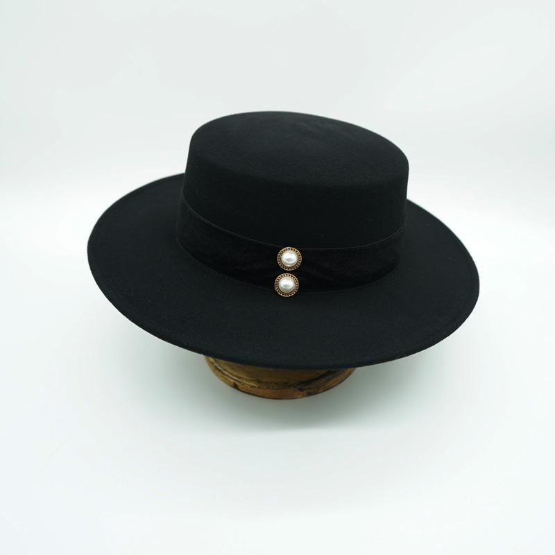 French Vintage British Versatile Thousand Birds Black Camel Red Wool Flat Top Hat Female Autumn And Winter Celebrity Felt