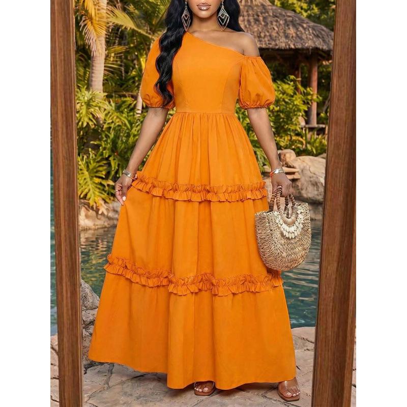 Summer Bohemian vacation style solid color irregular collar bubble short sleeve multi-layer lace long dress